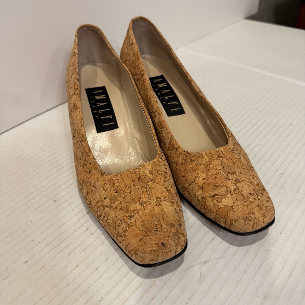 Amalfi Tan Cork Heels Elegant Design 7.5